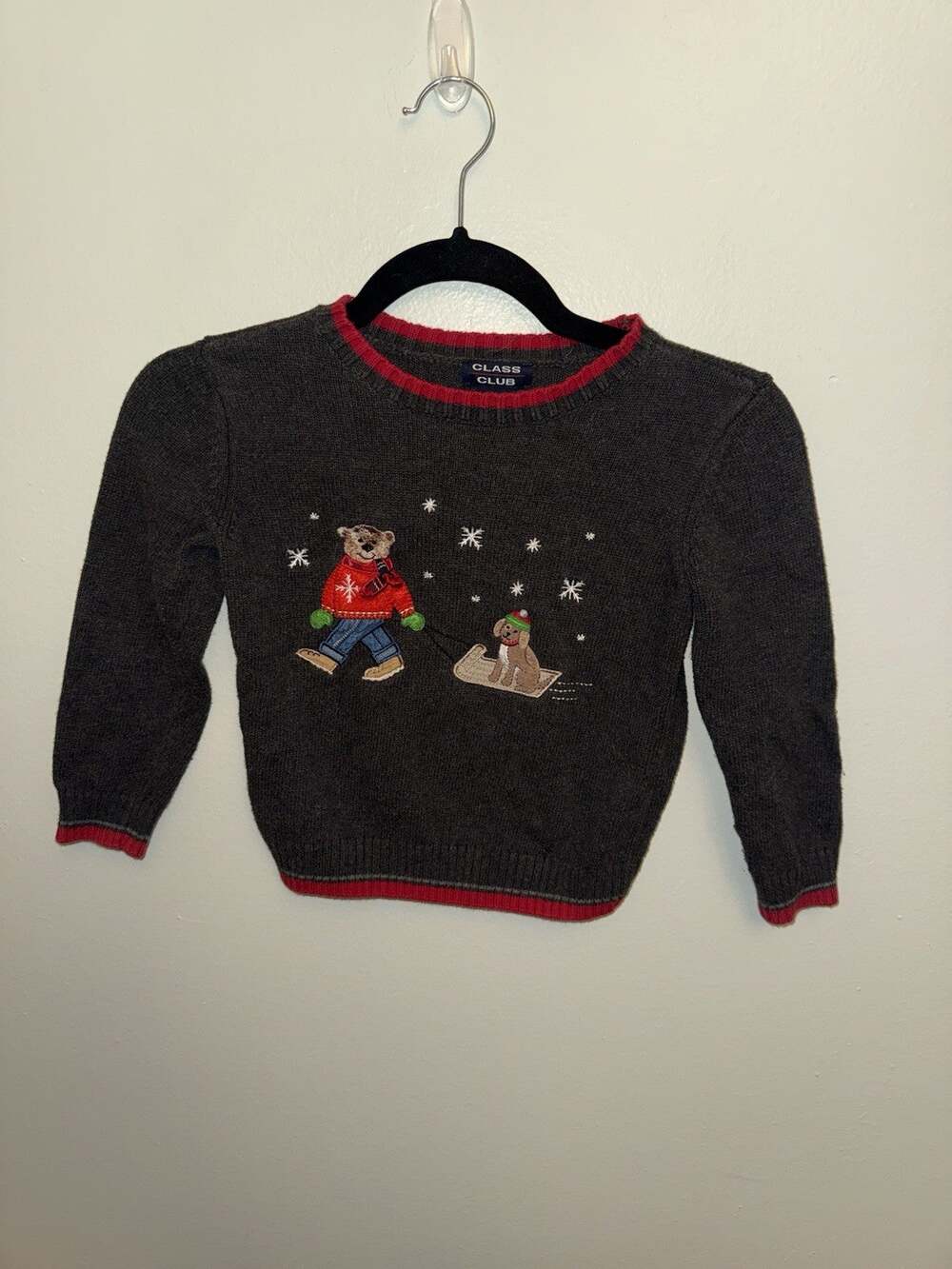 Vintage Class Club Boys 4/5 Knit Sweater Bear Dog Sled Holiday Winter Gray